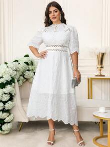 SHEIN Clasi Elegantes Kleid mit Stickerei und Kurzarm in Große Größen für Damen - Weiss - Übersicht 7