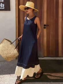 DAZY Women's Patchwork Color Block Ruffled Hem Round Neck Sleeveless Casual Holiday Dress Vacation Dress - Blue - View 1