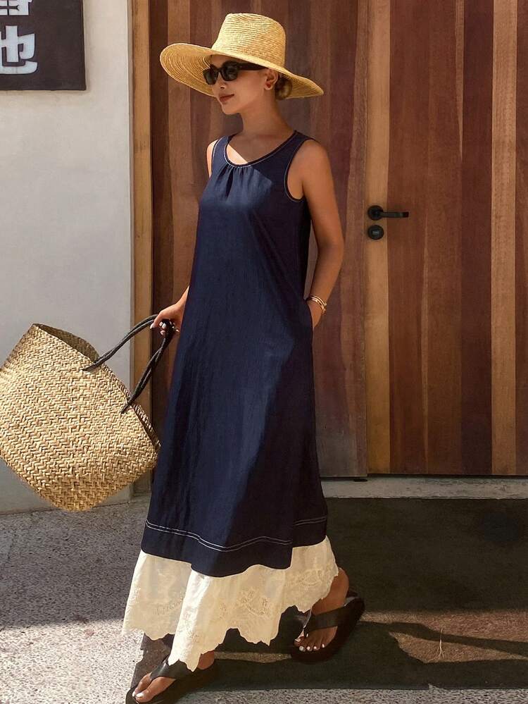 Women's Patchwork Color Block Ruffled Hem Round Neck Sleeveless Casual Holiday Dress Vacation Dress