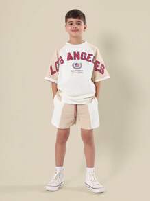 SUMWON Conjunto deportivo casual de verano estilo varsity de Los Ángeles, California, con sudadera y pantalón corto, estilo callejero, ropa deportiva con camiseta raglan oversize
