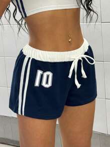 StreetHx Women's Navy Blue Numeral Print Waist Contrast Color Fitted Shorts With Side Ribbon Decor, Streetwear Suitable For Vacation, Spring/Summer