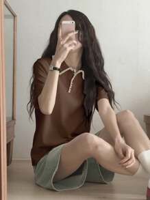 DAZY 新款休闲女式条纹T恤，夏季风格 - 咖啡棕 - 查看 5