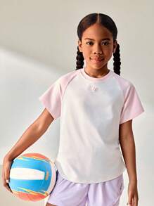 JNSQ T-shirt à manches courtes de sport décontracté pour la rentrée scolaire, Top de sport décontracté à col rond pour enfants avec patchwork et imprimé contrasté amusant