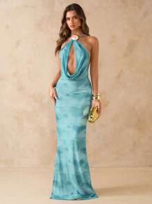 SHEIN BAE Đầm bó sát hở lưng màu xanh trơn, Đầm dự tiệc thanh lịch trên bãi biển, Đầm dài hở lưng, Xuân/Hè - Màu xanh lam - Xem 3