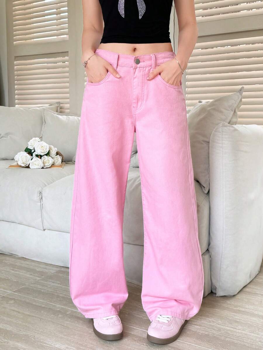 K-Vae Women's Solid Color Pockets Casual Versatile Wide Leg Jeans