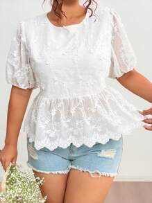 Flirla 加大码甜美泡泡袖宽松碎花系腰衬衫