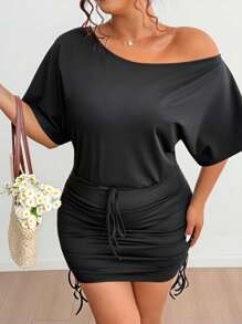 Flirla Vestido mini ajustado con hombros descubiertos, cordón en la cintura y casual - Negro - Ver 4
