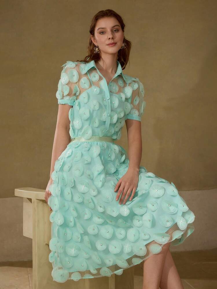 APPLIQUES BUTTON UP SHEER SHIRT