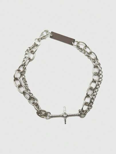 Goth 1pc Y2K Style High-Quality Minimalist Rhinestone Cross Element Double Layer Chain Bracelet, Fashion Handband