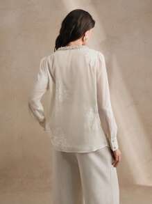 Anewsta Heavy Beaded Chiffon Long Sleeve Blouse With Embroidered 3D Floral Design And Double Layer Round Neck For Women - White - View 2