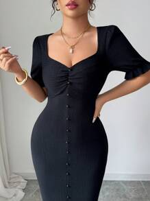 Modelyn Vestido midi feminino com decote quadrado e manga lanterna, tecido texturizado, elegante para uso diário