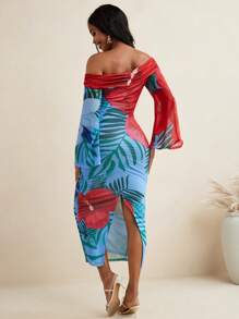 BELANGE HANDMADE Floral Mesh Print Off Shoulder Bow Flared Long Sleeves Fitted Women Dress Vacation Holiday