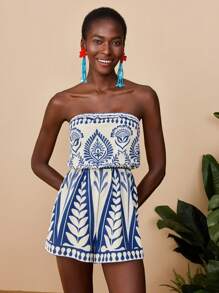 Travachic Bộ đồ liền thân ống in, Mùa hè, Trang phục mùa hè cho phụ nữ, Đồ đi biển, Trang phục đi biển cho phụ nữ, Trang phục nghỉ mát cho phụ nữ, Thoải mái, Mềm mại, Áo liền quần cho phụ nữ - Xanh và trắng - Xem 4