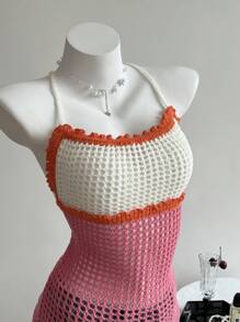 SHEIN Unity Women's Vacation Color Block Crochet Open Back Halter Neck Dress - Multicolor - View 4