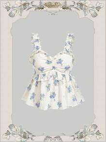 SHEIN MOD Plus Size Blue & White Embroidered Ruffle Trim Blouse Top, Romantic Vacation Wear - Blue and White - View 2