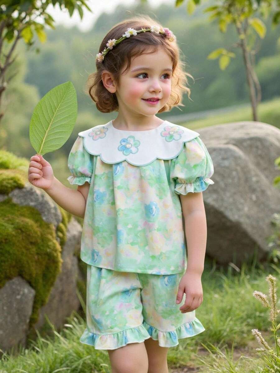 2pcs/Set Young Girls Vacation Embroidery Peter Pan Collar Blouse & Shorts Set, Summer Outfit - Mint Green - View 1