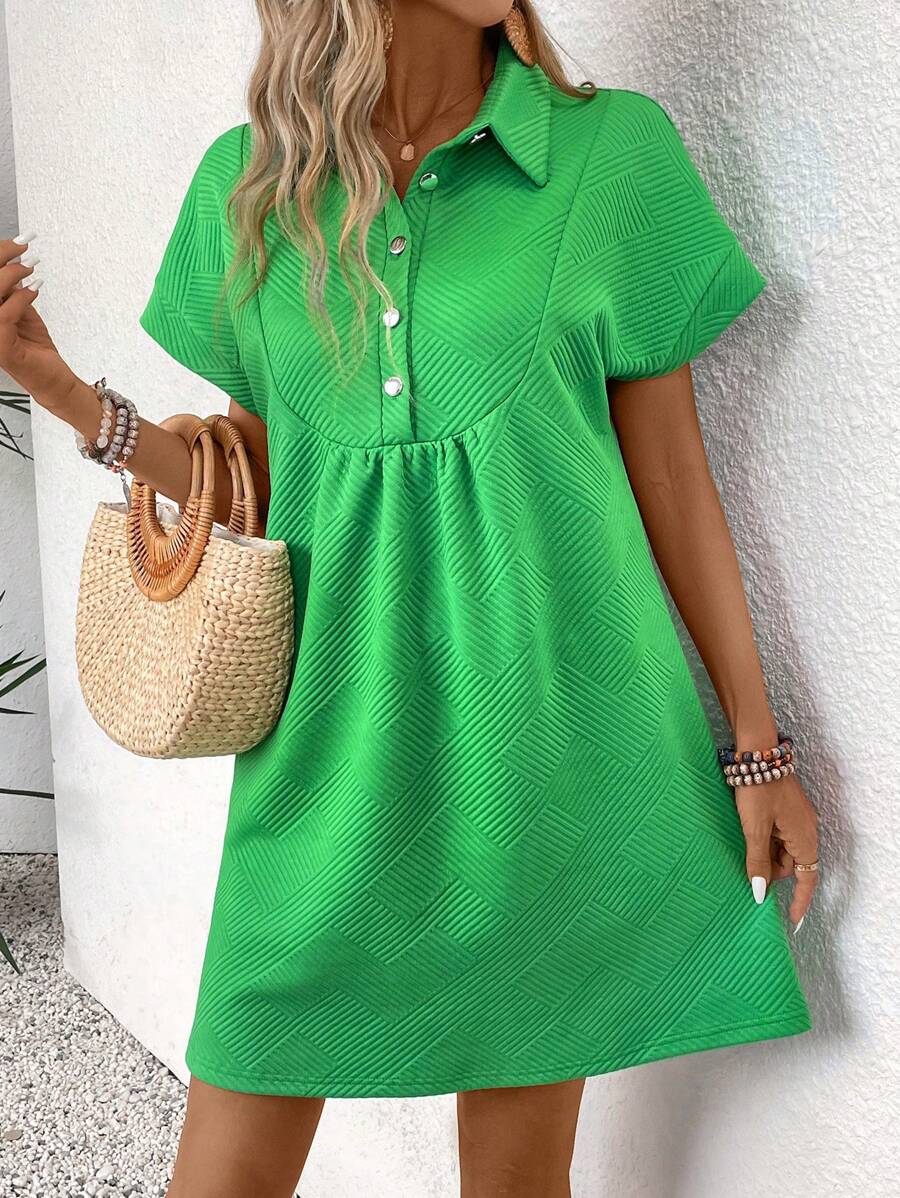 SHEIN LUNE Women's Half-Buttoned V-Neck Batwing Sleeve Summer Dress - Green - View 1