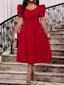 SHEIN Lady Spring And Summer Elegant Commuting Office Party Wedding Cocktail Party Concert/Music Festival Red Knitted Sweetheart Flared Leg-Of-Mutton Sleeve Midi Short Sleeve Plus Size Dresses Birthday&Event Dresses Wedding Dresses Holiday Dresses Summer Outfits For Women Summer Dresses For Women Wedding Guest Dress Women Birthday Outfits For Women Birthday Outfit Women Festival Outfits For Women Concert Outfit Women Cruise Outfits Women Valentine's Day Outfit - Red - View 4