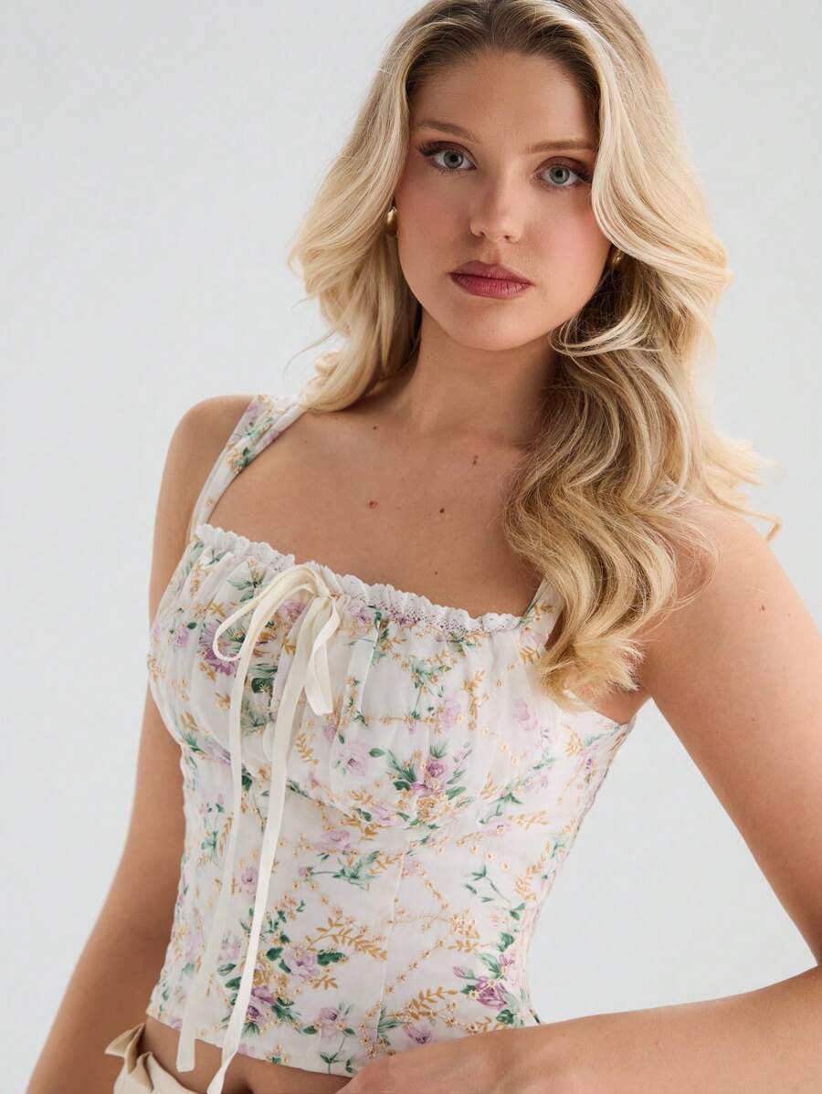 Glamine 女士雪纺刺绣花卉浪漫印花无袖胸围细节后背褶饰优雅浪漫度假约会百搭衬衫，夏季 - 彩色 - 查看 1