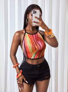 BamGleam Summer New Women's Color Gradient Short Crop Top With Sexy Backless Design, Perfect For Beach Vacations, Parties, Gatherings, And Daily Wear - Multicolor - View 4