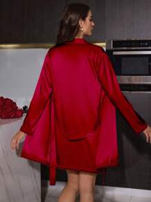 SilkySpell Women's Faux Silk Sexy Open Back Lace Up Red Slip Dress And Belted Robe Pajama Set, Valentine's Day Outfit, Fall Winter Clothes - Burgundy - View 3