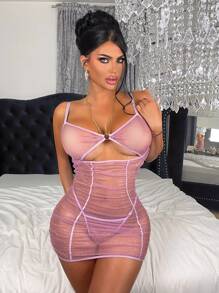Spicy Aura 2 Pieces Set: Shiny See-Through Mesh Dress With Chain Halter Neck, & Thong Panty, Sexy Nightgown - Mauve Purple - View 1
