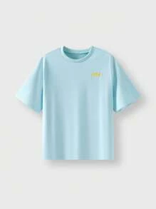 Back To School Outdoor Casual Sports Short Sleeve T-Shirt, Children Round Neck Patchwork Contrast Color Funny Letter Graphic Print Outdoor Casual Sports Tee - Baby Blue - View 9