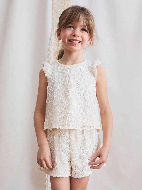 THE HAPPY LOOK Young Girls Cute Summer Round Neck Ruffle Sleeve Top And Embroidery Shorts Set