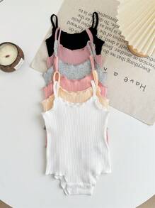 SHEIN LMoss Kids 6pcs/Set Newborn Baby Girls' Cute Casual Solid Color Knit Sleeveless Bodysuit, Summer - Multicolor - View 3