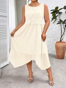 Elenzga Women's Round Neck Mesh Patchwork Dress - Apricot - View 5