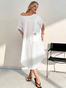 SHEIN Essnce Plus Size Solid Color Round Neck Minimalist Dress, Fashionable For Summer - White - View 5