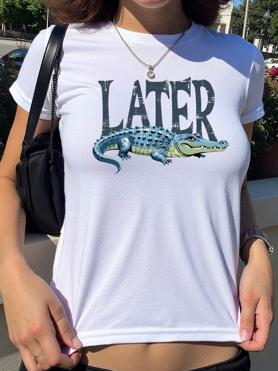 INAWLY 女士字母与鳄鱼印花常规版型圆领短袖 T 恤