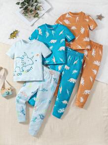 6 件装男童休闲恐龙印花短袖紧身睡衣套装