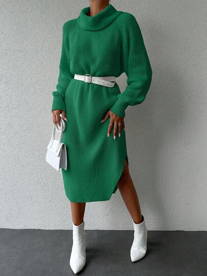 Vestito casual a maglia a collo alto, colore unito, da donna, per autunno/inverno