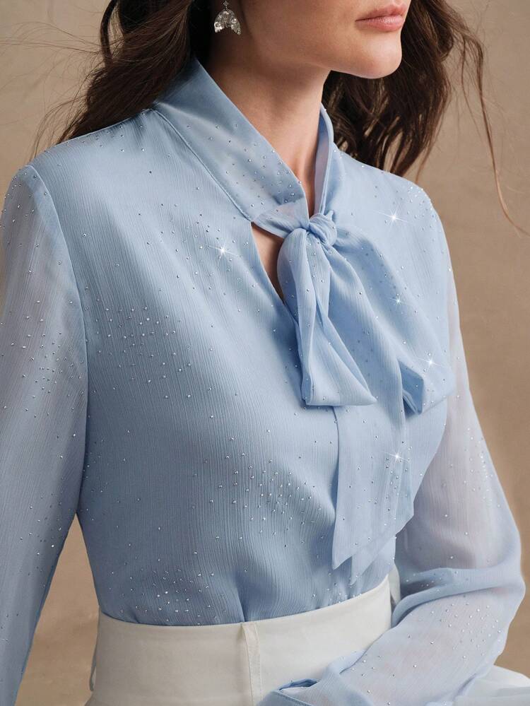 Elegant French Draped Bow Collar Crystal Decor Chiffon Blouse, Fashionable Commuter Women Mesh Top, Spring