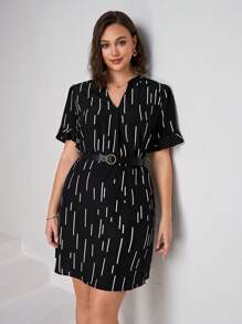 Chikora Plus Geo Print Flounce Sleeve Notched Neckline Dress, Summer - Black - View 6