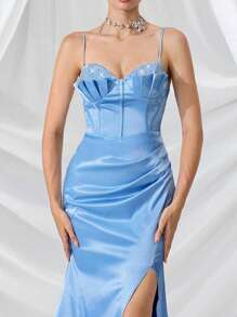 Coutiva 女士正式晚礼服（大量装饰）女士连衣裙生日女士生日装女士休闲连衣裙女士正式，女士时尚优雅婚礼派对舞会礼服，修腰修身面料，舒适柔软，女士返校夏季连衣裙，蝴蝶结珠子和钻石装饰，女士蓝色连衣裙，派对礼服，适合婚礼宾客 - 藍色 - 查看 1