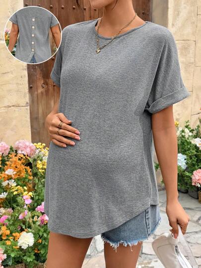 SHEIN Áo thun tay ngắn trơn màu đơn giản cho phụ nữ mang thai, mùa hè