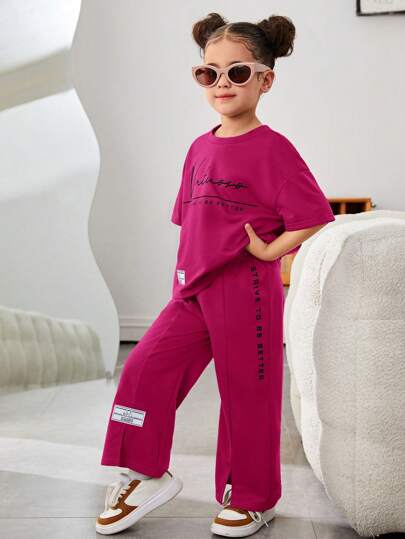 Young Girls & Toddler Girls Casual Matching Mother-Daughterl Summer Slogan Print Dropped Shoulder T-Shirt And Casual Pants 2pcs/Set, Casual Outfits Tracksuit 2 Pieces Lounge Set, Suitable For Walking/Sports/Back To School & Everyday Casual Wear, Casual Outfit, Great For Casual & Daily Wear & School Daily In Spring And Autumn,Mom And Daughter Matching,Sister And Me Matching.