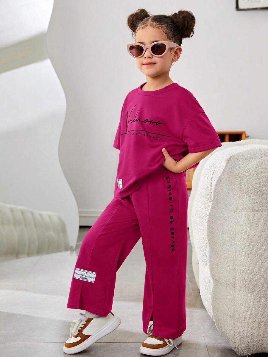 Young Girls & Toddler Girls Casual Matching Mother-Daughterl Summer Slogan Print Dropped Shoulder T-Shirt And Casual Pants 2pcs/Set, Casual Outfits Tracksuit 2 Pieces Lounge Set, Suitable For Walking/Sports/Back To School & Everyday Casual Wear, Casual Outfit, Great For Casual & Daily Wear & School Daily In Spring And Autumn,Mom And Daughter Matching,Sister And Me Matching. - Hot Pink - View 1