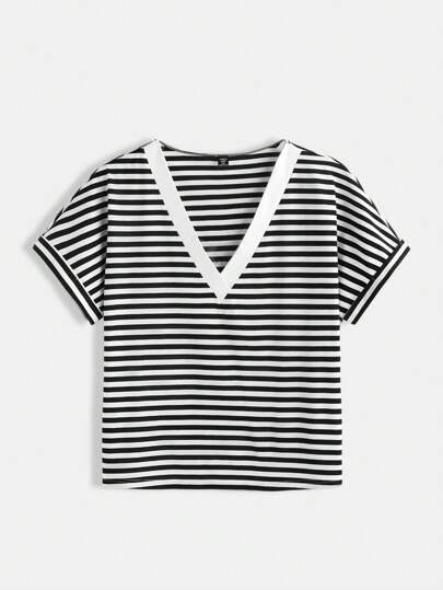 SHEIN BASICS Casual Knit Striped V-Neck Loose Fit Short Sleeve T-Shirt, Plus Size