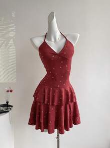 Sweetra Robe courte asymétrique pour femmes, bordeaux, printemps/été - Rouge foncé - Voir 1