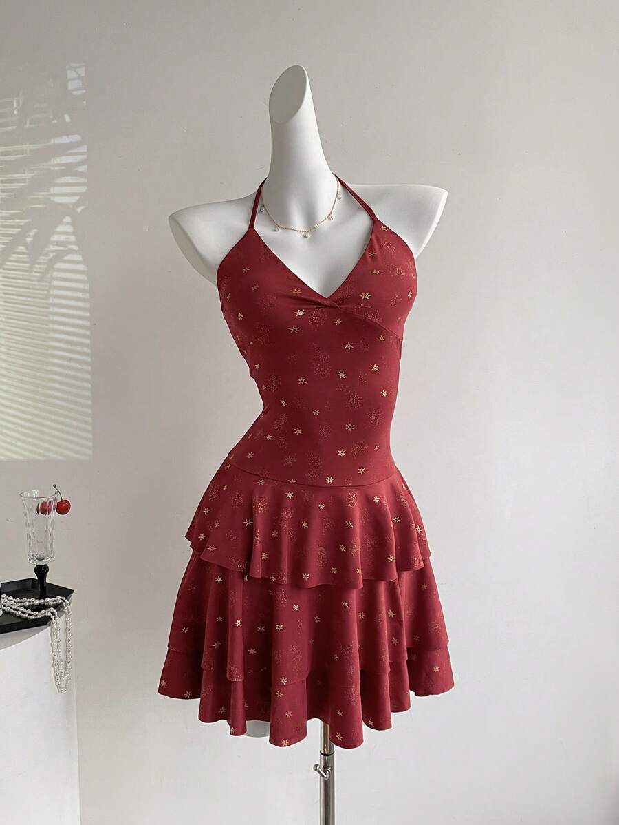 Sweetra Robe courte asymétrique pour femmes, bordeaux, printemps/été - Rouge foncé - Voir 1