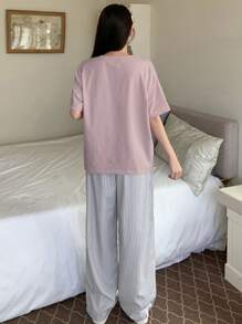 DAZY 2pcs Simple Striped T-Shirt Top And Pajama Bottoms Homewear Set