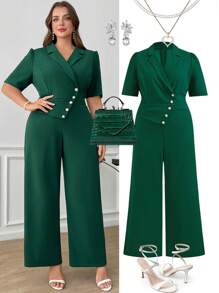 Ellevyn Macacão Elegante de Manga Curta Verde Plus Size para Mulheres, Roupas de Trabalho de Verão - Verde - Visão 1