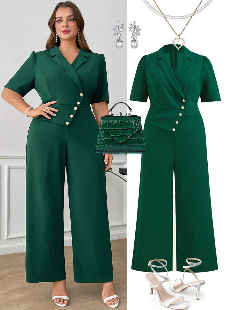 Ellevyn Macacão Elegante de Manga Curta Verde Plus Size para Mulheres, Roupas de Trabalho de Verão - Verde - Visão 1