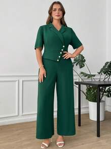 Ellevyn Macacão Elegante de Manga Curta Verde Plus Size para Mulheres, Roupas de Trabalho de Verão - Verde - Visão 4