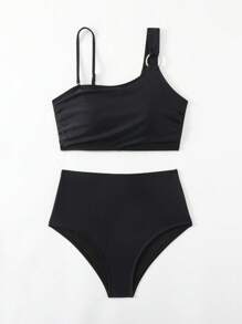 SHEIN Swim 女士度假纯色不对称吊带圆环连体性感比基尼套装分体比基尼套装夏日海滩 - 黑色 - 查看 4
