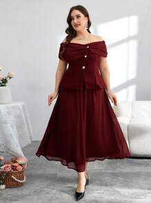 Modelyn Plus Size Women's Off Shoulder Chiffon Patchwork Blouse And 2 Pieces Set, Slimming - Burgundy - View 1