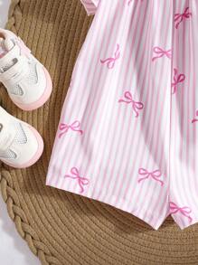 Cute Pink & White Striped Bow Ruffle Baby Girls' Romper, Summer - Pink - View 4